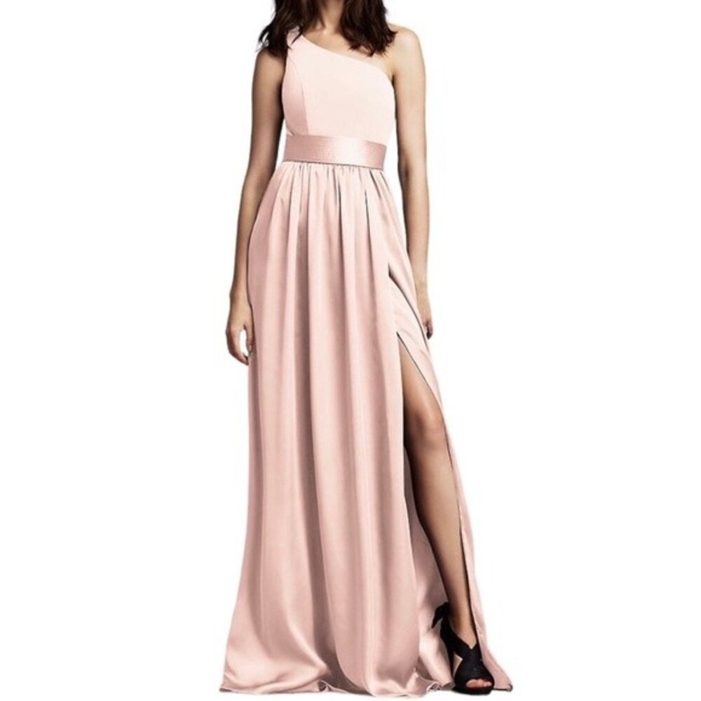 Vera Wang White One Shoulder Bridesmaid Dress with Satin Sash in Blush